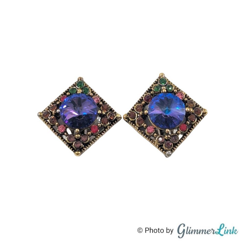 Vintage Rivoli Multicolor Rhinestone Square Gold Tone Clip On Earrings